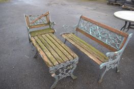 METAL FRAMED GARDEN BENCH T/W MATCHING CHAIR (A/F) AND TABLE