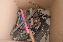 BOX: VARIOUS VINTAGE TOOLS INC PLANE, SQUARE, ETC