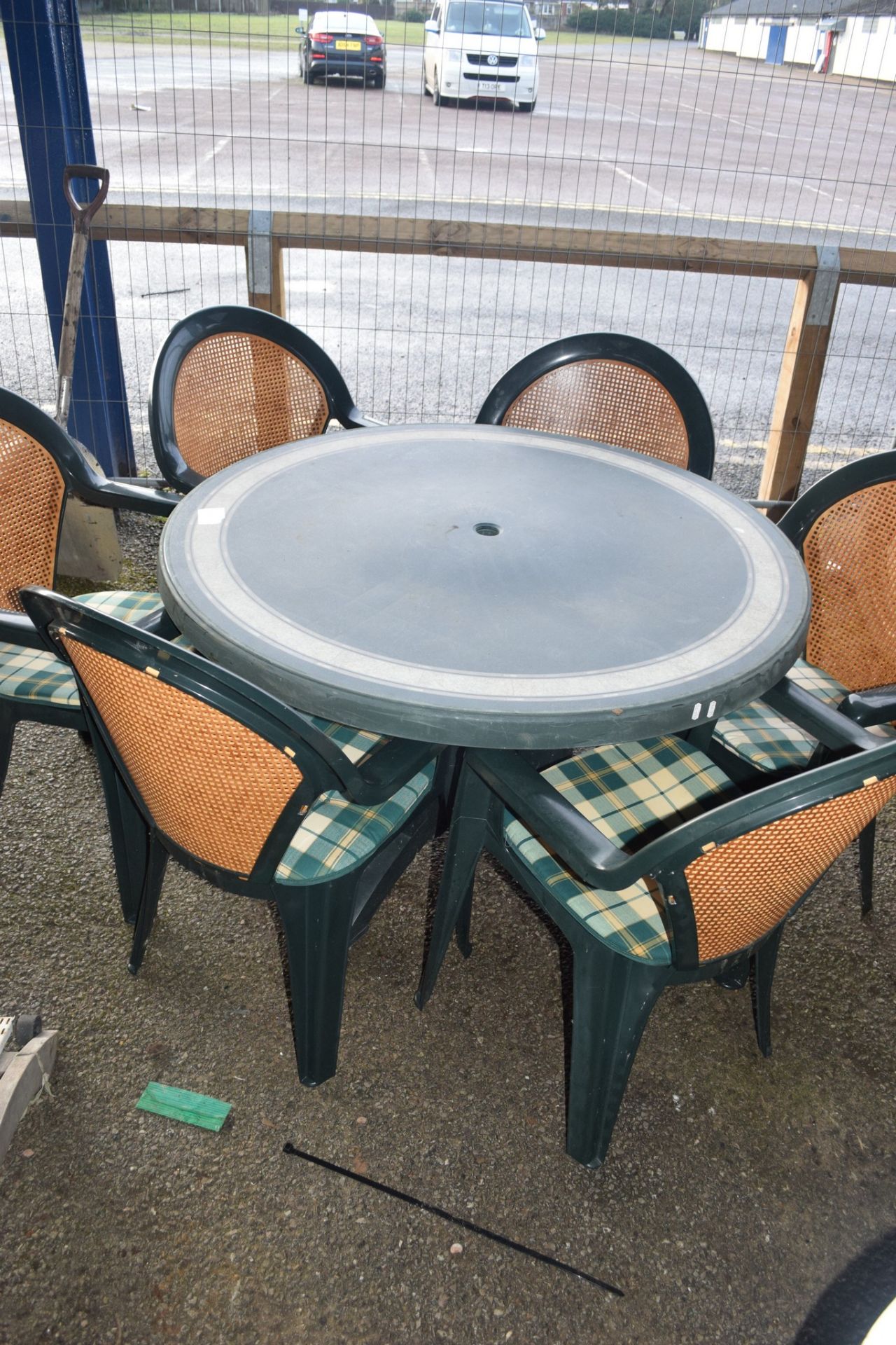 CIRCULAR PLASTIC PATIO TABLE AND SET OF SIX CHAIRS - Image 2 of 2