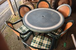 CIRCULAR PLASTIC PATIO TABLE AND SET OF SIX CHAIRS