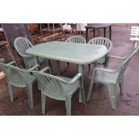 PLASTIC PATIO TABLE AND SET OF SIX CHAIRS