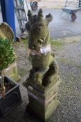 COMPOSITION GARDEN STATUE OF A NOVELTY GOAT ON SQUARE PEDESTAL BASE 97CM HEIGHT