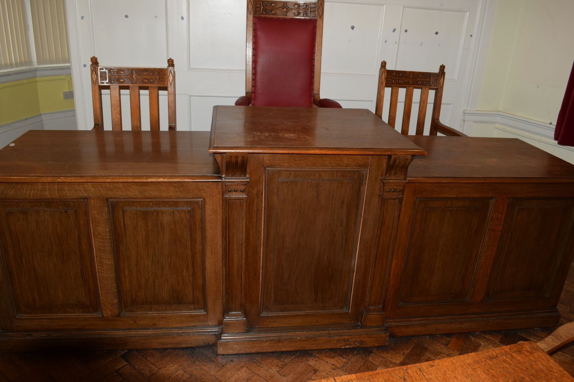 Large three-section break top Council chairman and officer’s desk/podium, together with a black