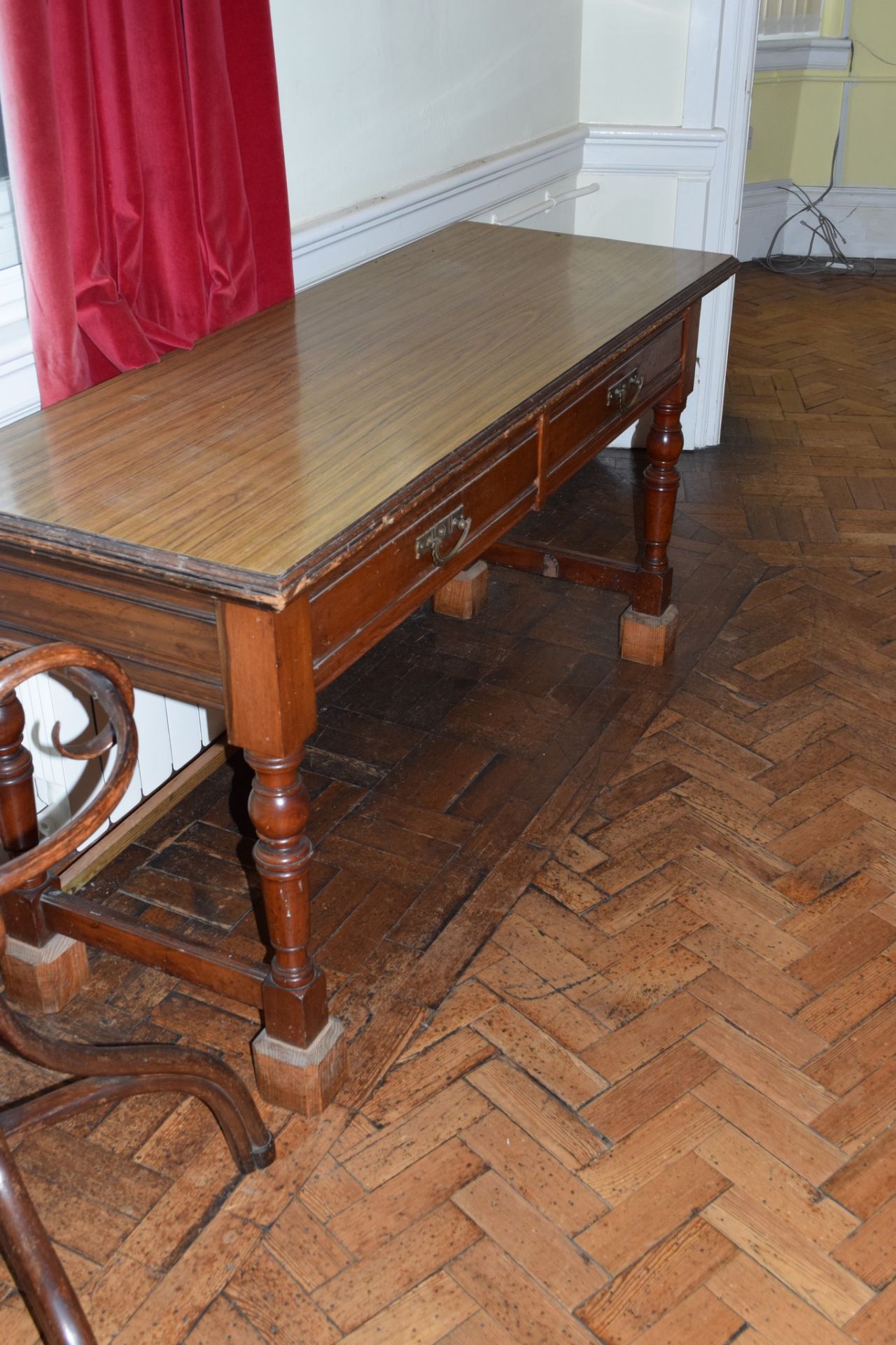 Victorian mahogany long two-drawer side table, on turned legs, end stretchers and having applied - Image 4 of 4