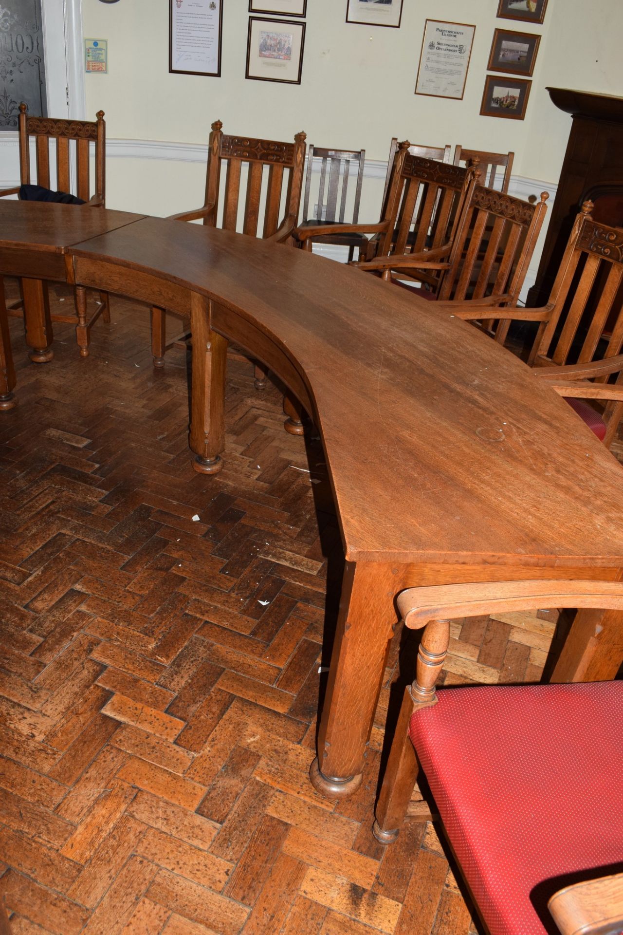 Set of three early 20th century oak committee tables of curved design, each on four chamfered square - Image 3 of 6