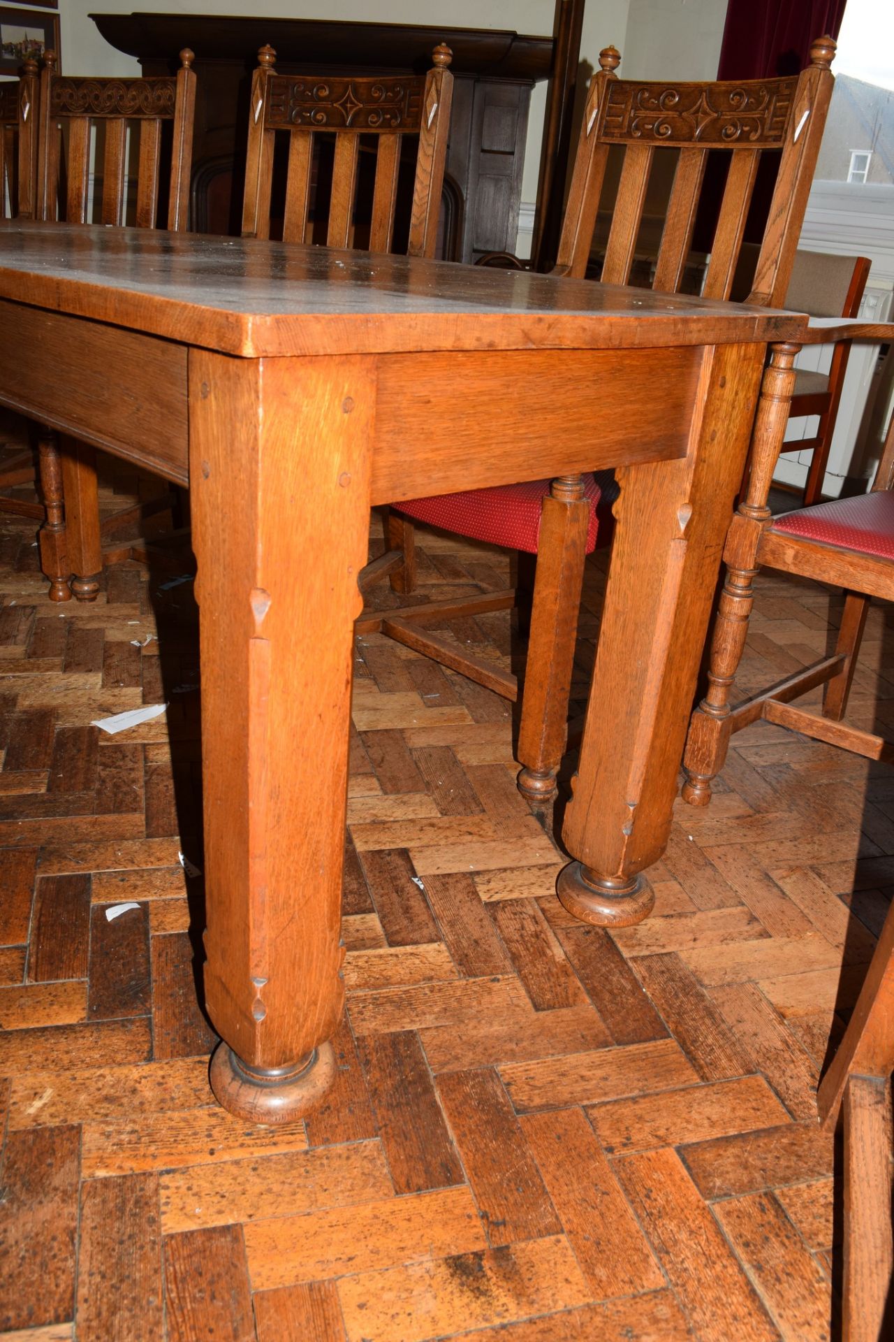 Set of three early 20th century oak committee tables of curved design, each on four chamfered square - Image 6 of 6