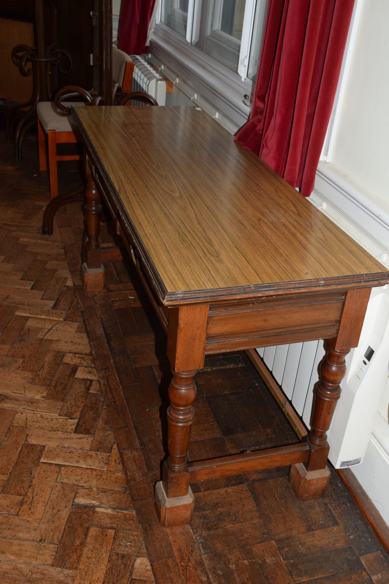 Victorian mahogany long two-drawer side table, on turned legs, end stretchers and having applied - Image 2 of 4