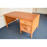 Light oak office desk with two drawers, inset leather top