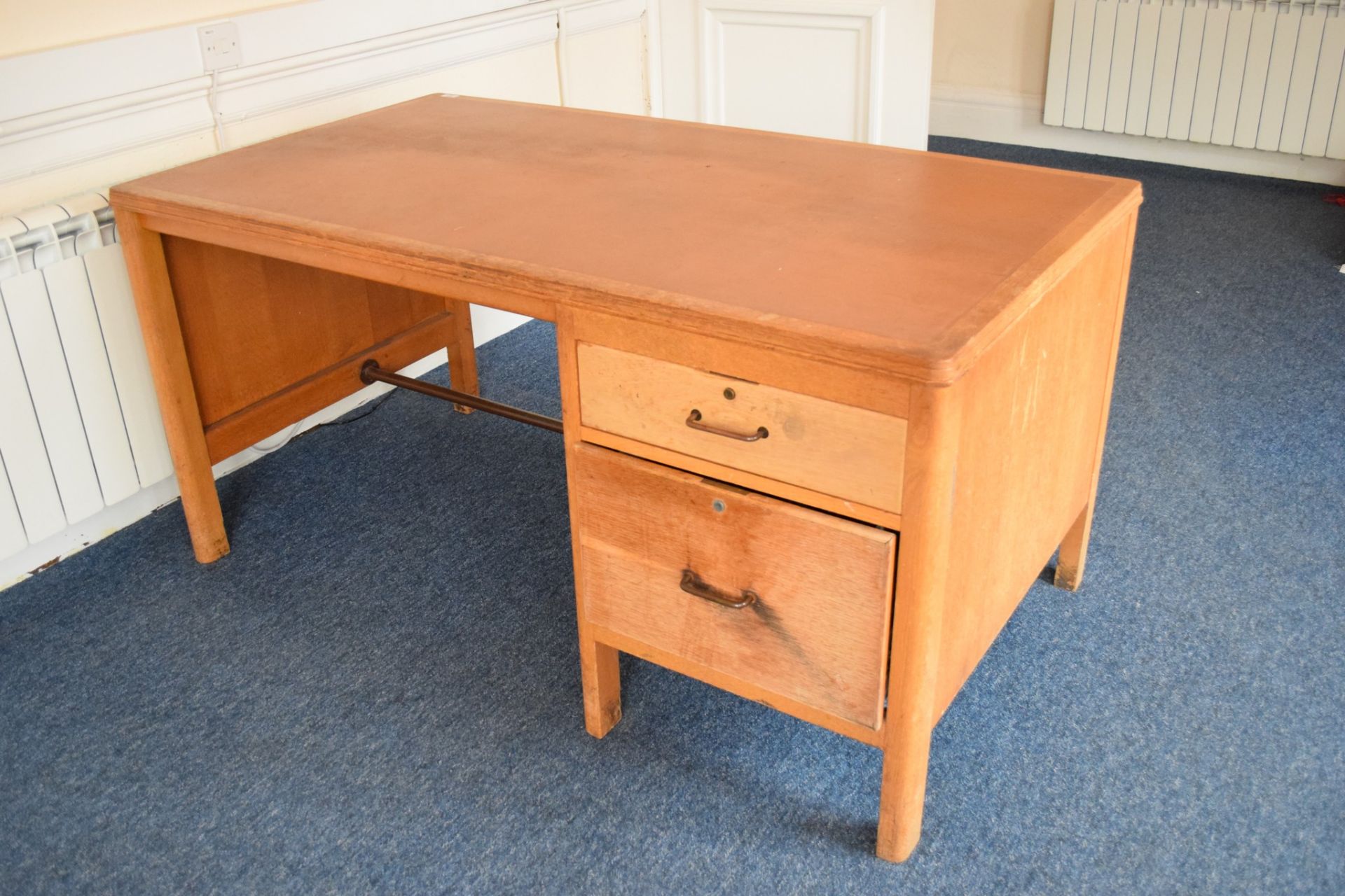 Light oak office desk with two drawers, inset leather top
