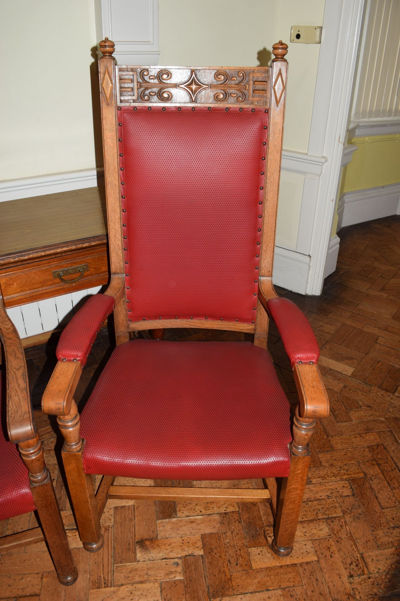 Extensive set of 13 (12+1) early 20th century armchairs comprising a Mayor’s carved oak “throne” - Image 2 of 3
