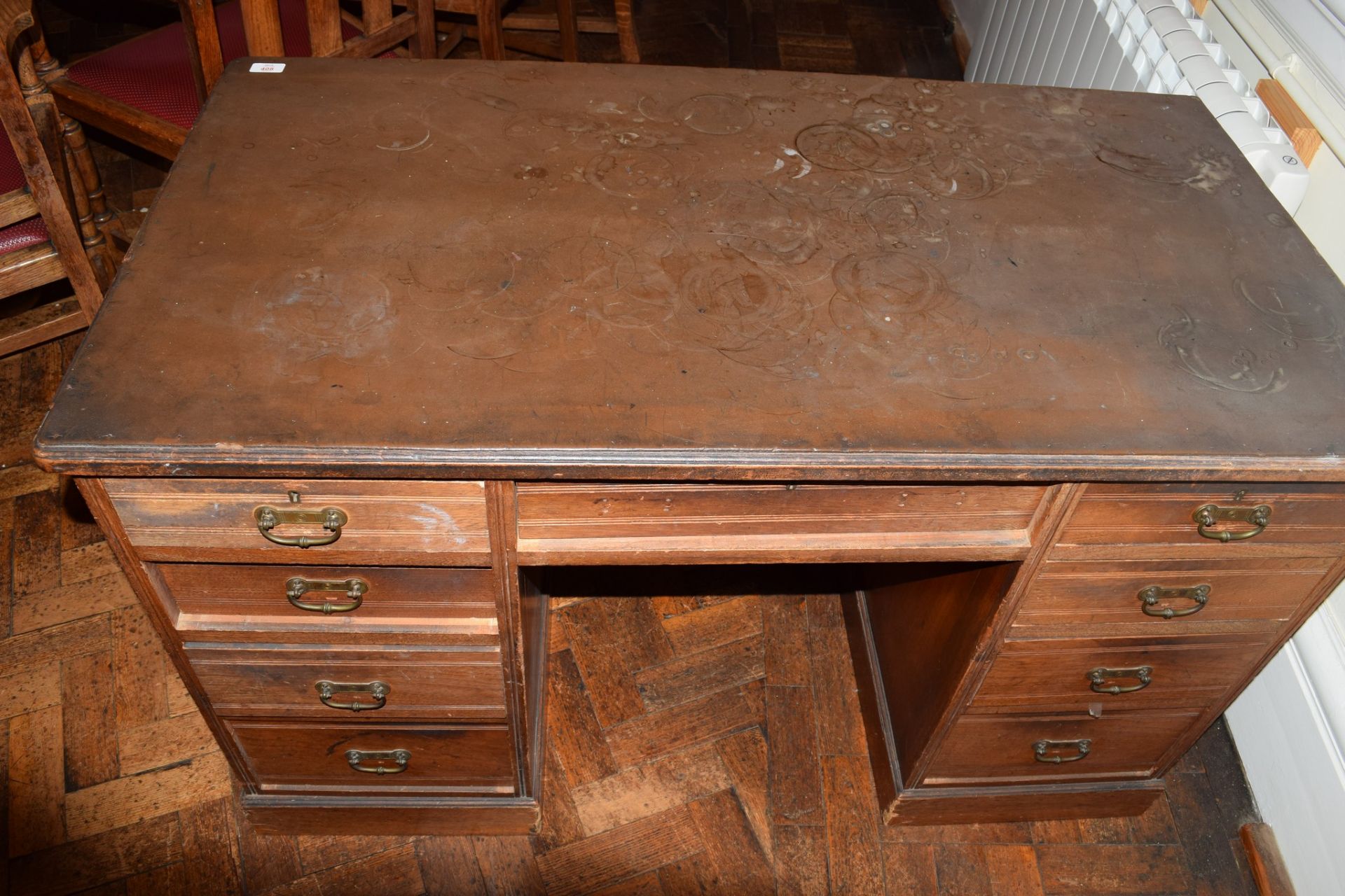 Late Victorian walnut, twin pedestal 9-drawer desk with brass drop handles (applied composition top) - Image 2 of 4