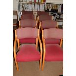 Eight beechwood framed office chairs, upholstered in faded pink fabric