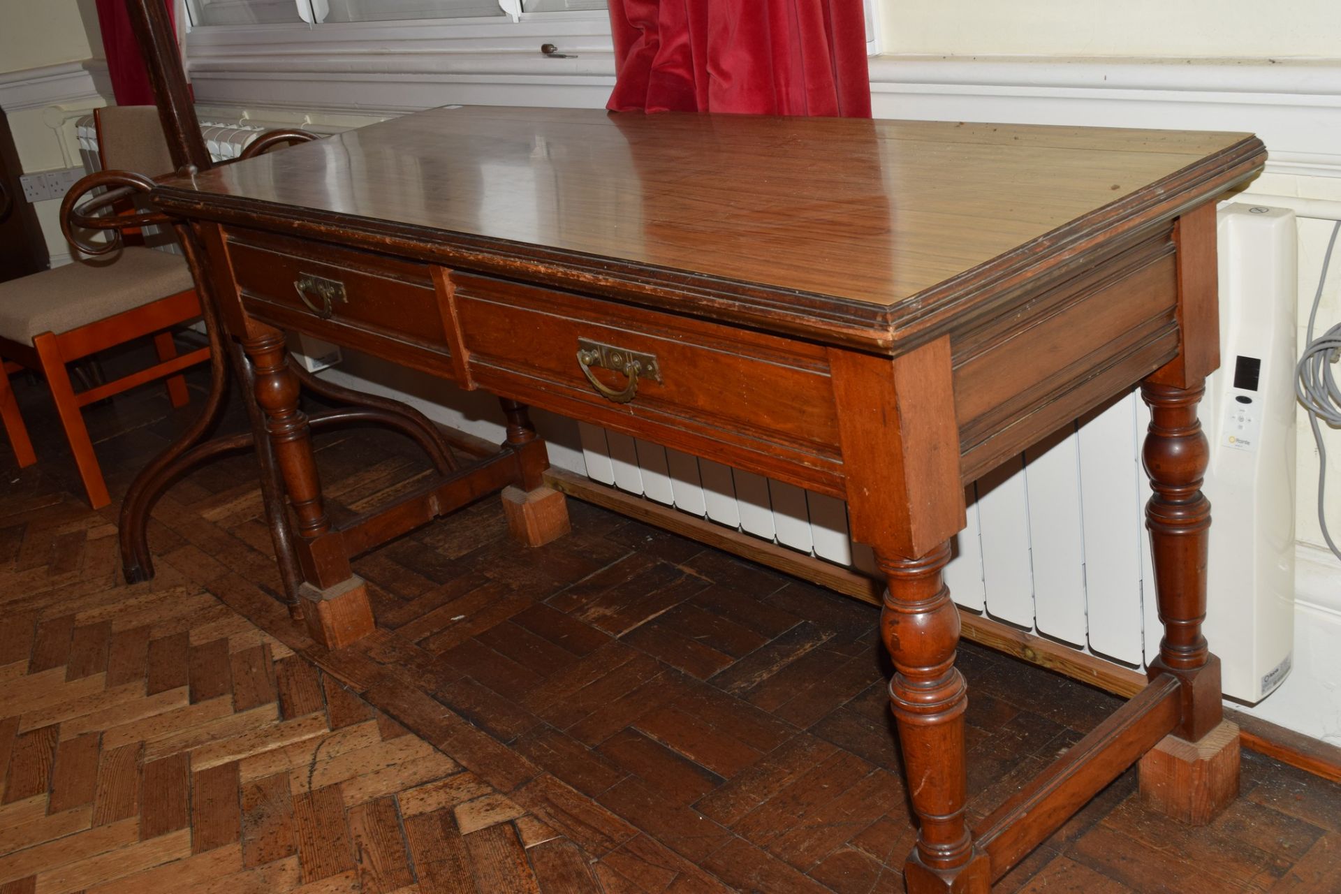 Victorian mahogany long two-drawer side table, on turned legs, end stretchers and having applied - Image 3 of 4