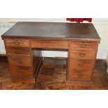 Late Victorian walnut, twin pedestal 9-drawer desk with brass drop handles (applied composition top)