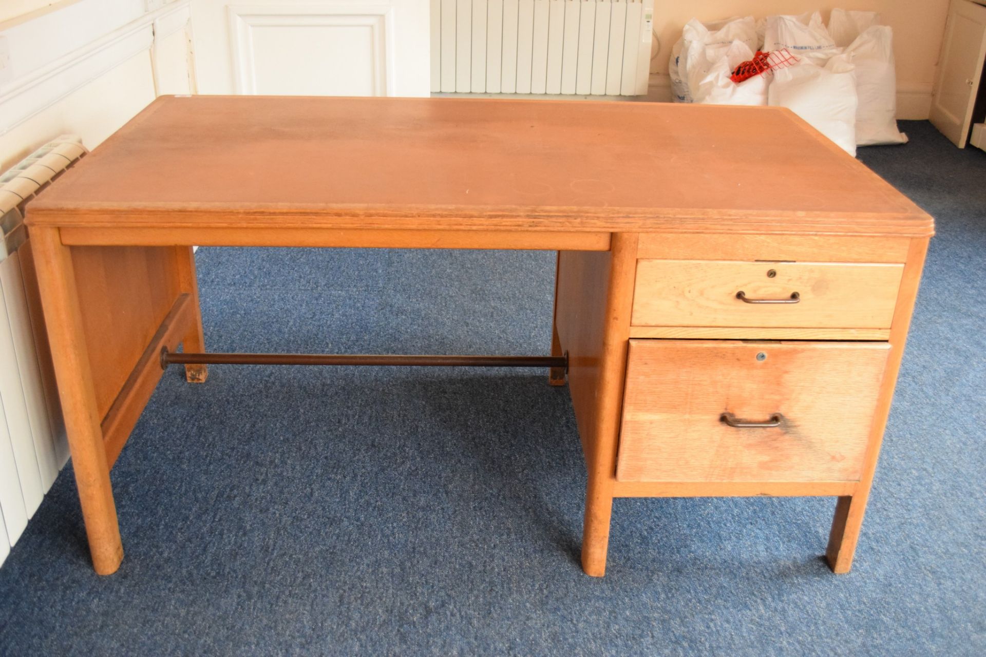 Light oak office desk with two drawers, inset leather top - Image 2 of 3