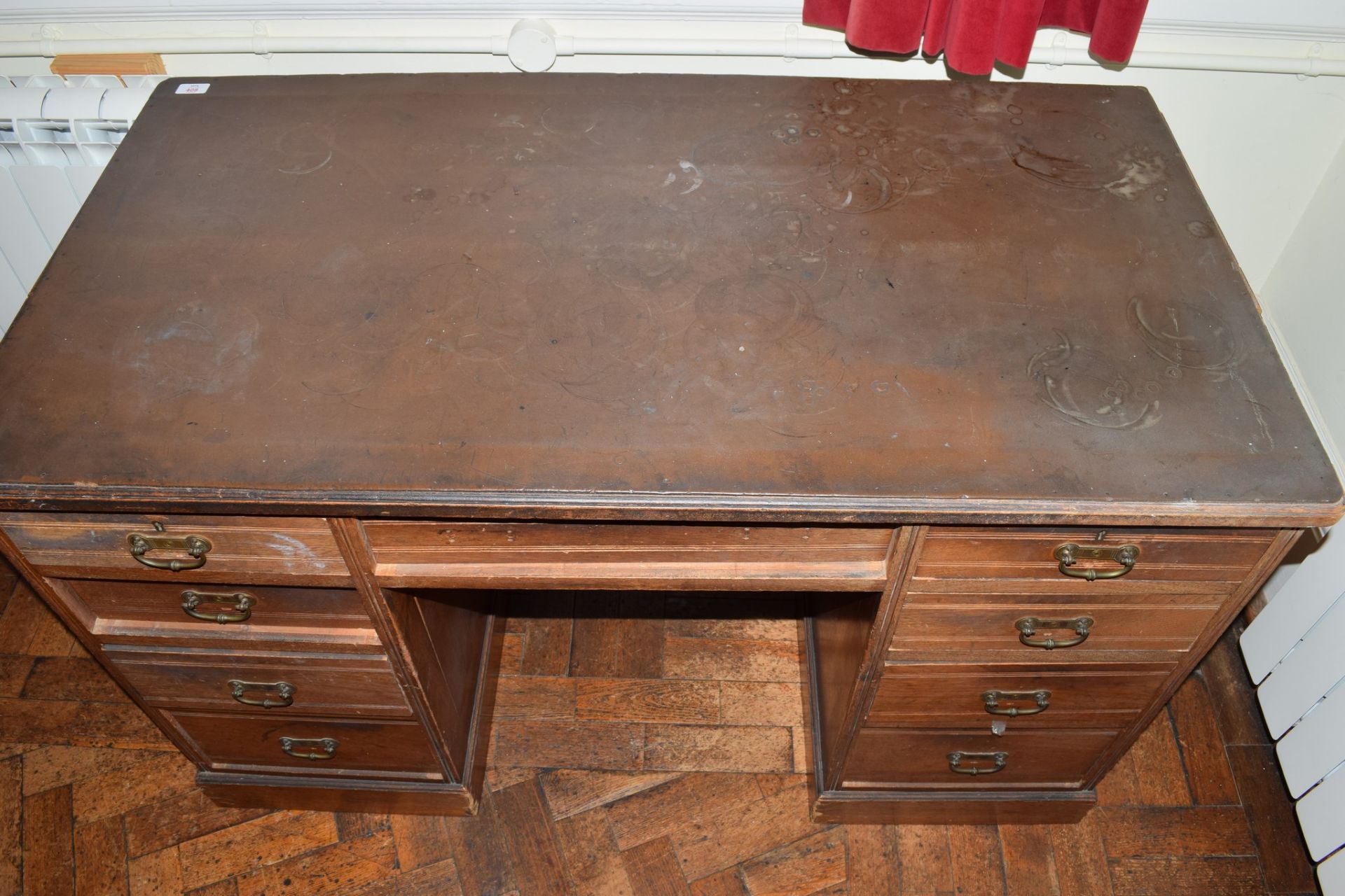 Late Victorian walnut, twin pedestal 9-drawer desk with brass drop handles (applied composition top) - Image 4 of 4