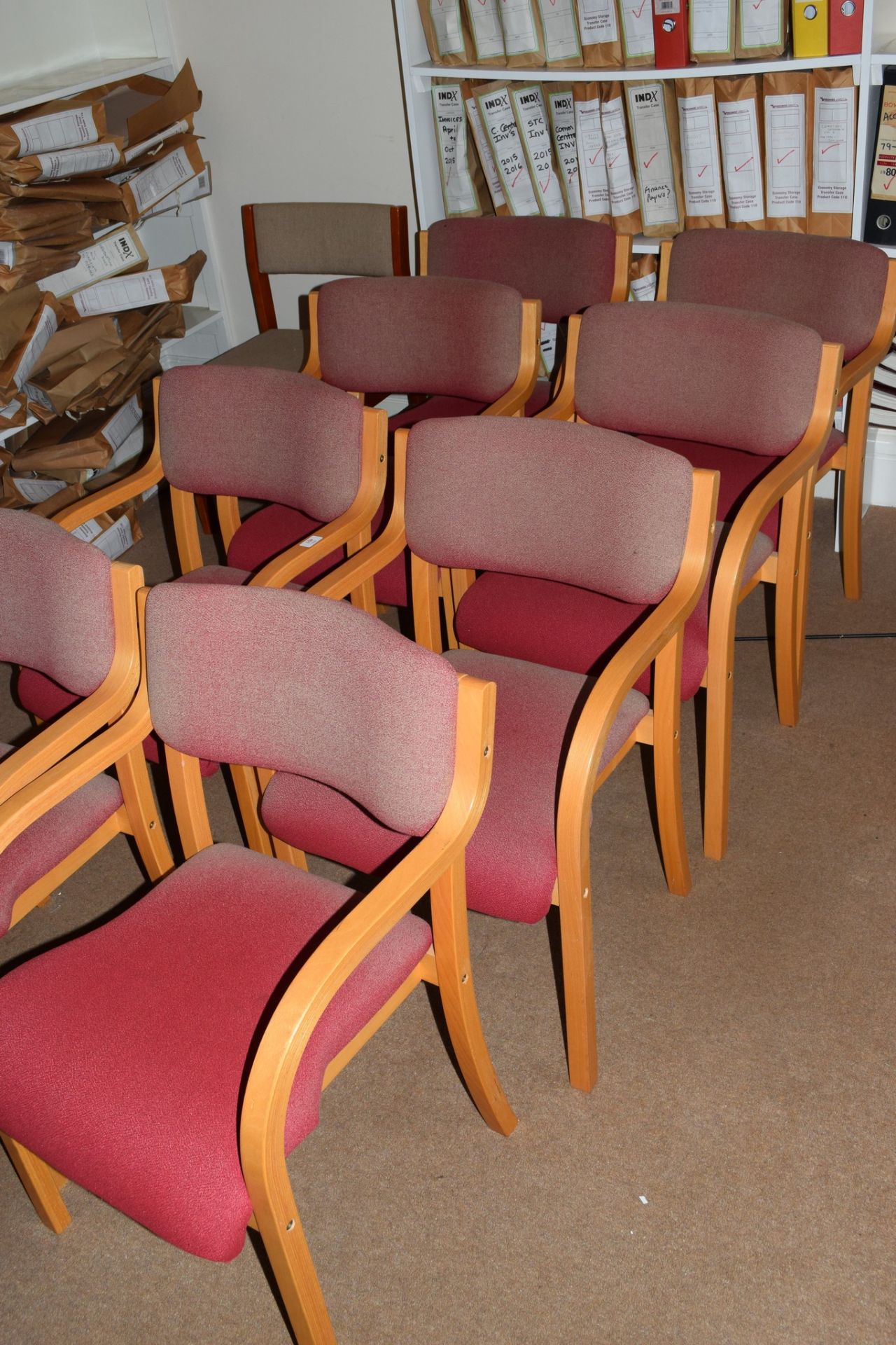 Eight beechwood framed office chairs, upholstered in faded pink fabric - Image 2 of 2