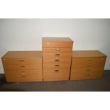 THREE PIECE BEDROOM SUITE COMPRISING TWO LONG CHESTS OF DRAWERS AND A TALLBOY WITH OPENING