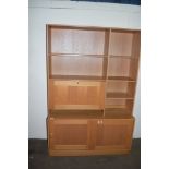 GOOD QUALITY RETRO STYLE SIDE UNIT WITH SHELVES RAISED OVER CUPBOARDS AND DROP FRONT COCKTAIL