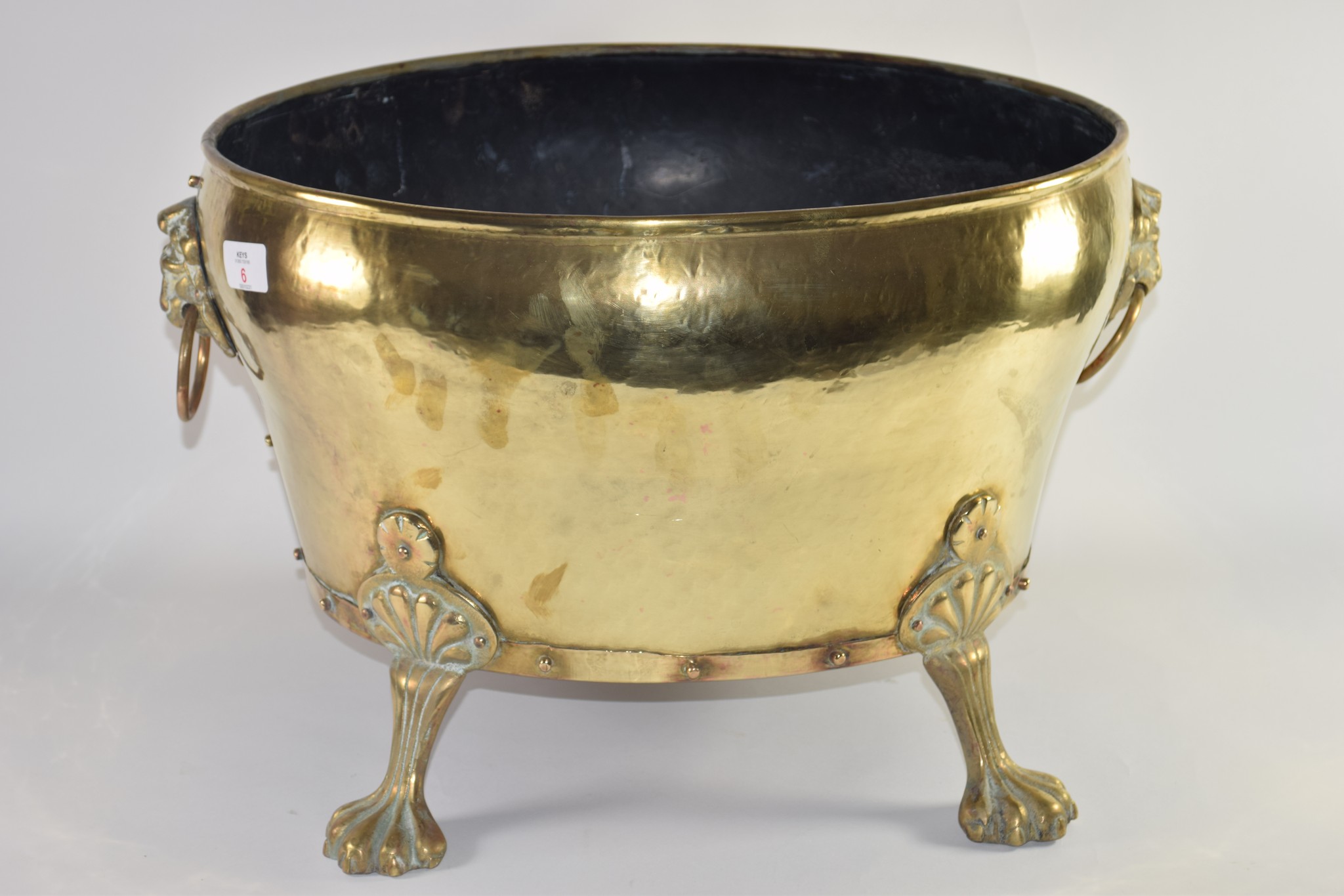 LARGE BRASS JARDINIERE WITH LION MASK HANDLES