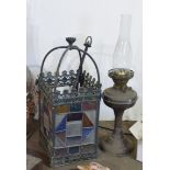 EARLY 20TH CENTURY STAINED GLASS HALL LANTERN (GLASS A/F), HEIGHT APPROX 52CM, TOGETHER WITH AN