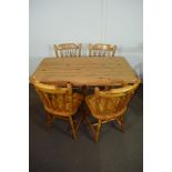 MODERN HEAVY PINE RECTANGULAR KITCHEN TABLE, TOGETHER WITH THREE MATCHING CHAIRS, TABLE APPROX 124 X