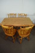 MODERN HEAVY PINE RECTANGULAR KITCHEN TABLE, TOGETHER WITH THREE MATCHING CHAIRS, TABLE APPROX 124 X