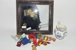 VARIOUS MASONIC REGALIA, MEDALS ETC AND BLUE AND WHITE JUG