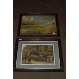 TWO PRINTS, ONE OF A MARINE SCENE, ONE OF A TAVERN SCENE, IN OAK FRAMES