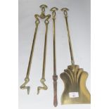 PAIR OF BRASS FIRESIDE TONGS AND OTHER IMPLEMENTS