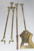 PAIR OF BRASS FIRESIDE TONGS AND OTHER IMPLEMENTS