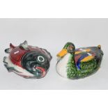 POTTERY MODEL OF A DUCK AND A FURTHER TUREEN AND COVER MODELLED AS A FISH