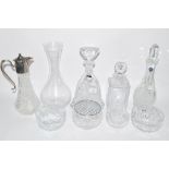 THOMAS WEBB CUT GLASS DECANTER, A FURTHER EDINBURGH CRYSTAL DECANTER, CLARET JUG WITH SILVER