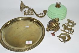 SMALL QUANTITY OF HORSE BRASSES IN METAL TRAY, TOGETHER WITH PARTS OF AN OIL LAMP