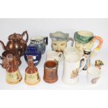 CERAMIC ITEMS INCLUDING CHARACTER JUGS, BELLS SCOTCH WHISKY BELLS, GINGER JAR AND COVER ETC