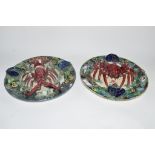 PAIR OF PORTUGUESE MAJOLICA STYLE DISHES, ONE MODELLED WITH A LOBSTER, THE OTHER WITH A CRAB