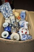 CERAMIC ITEMS INCLUDING CHINESE VASES WITH PRUNUS DECORATION ON BLUE GROUND