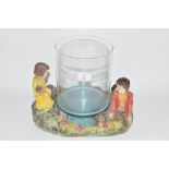 1950S GLASS VASE ON CERAMIC BASE WITH TWO CHILDREN