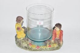 1950S GLASS VASE ON CERAMIC BASE WITH TWO CHILDREN