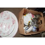 BOX CONTAINING CERAMIC SERVING DISHES, A WOODEN MODEL OF A CAT ETC