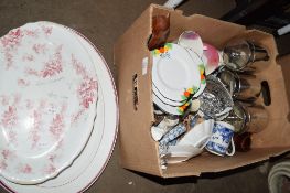 BOX CONTAINING CERAMIC SERVING DISHES, A WOODEN MODEL OF A CAT ETC