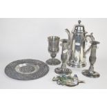 PAIR OF CHROME COLOURED CANDLESTICKS AND A PEWTER COFFEE POT