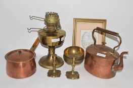 BRASS OIL LAMP TOGETHER WITH OTHER METAL ITEMS INCLUDING COPPER KETTLE