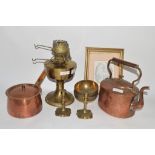 BRASS OIL LAMP TOGETHER WITH OTHER METAL ITEMS INCLUDING COPPER KETTLE