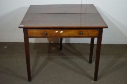 STAINED OAK RUSTIC FOLD-TOP TEA TABLE WITH SINGLE DRAWER BENEATH, WIDTH APPROX 90CM