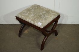 19TH CENTURY MAHOGANY UPHOLSTERED CAMEL STOOL WITH TURNED STRETCHER, WIDTH APPROX 41CM