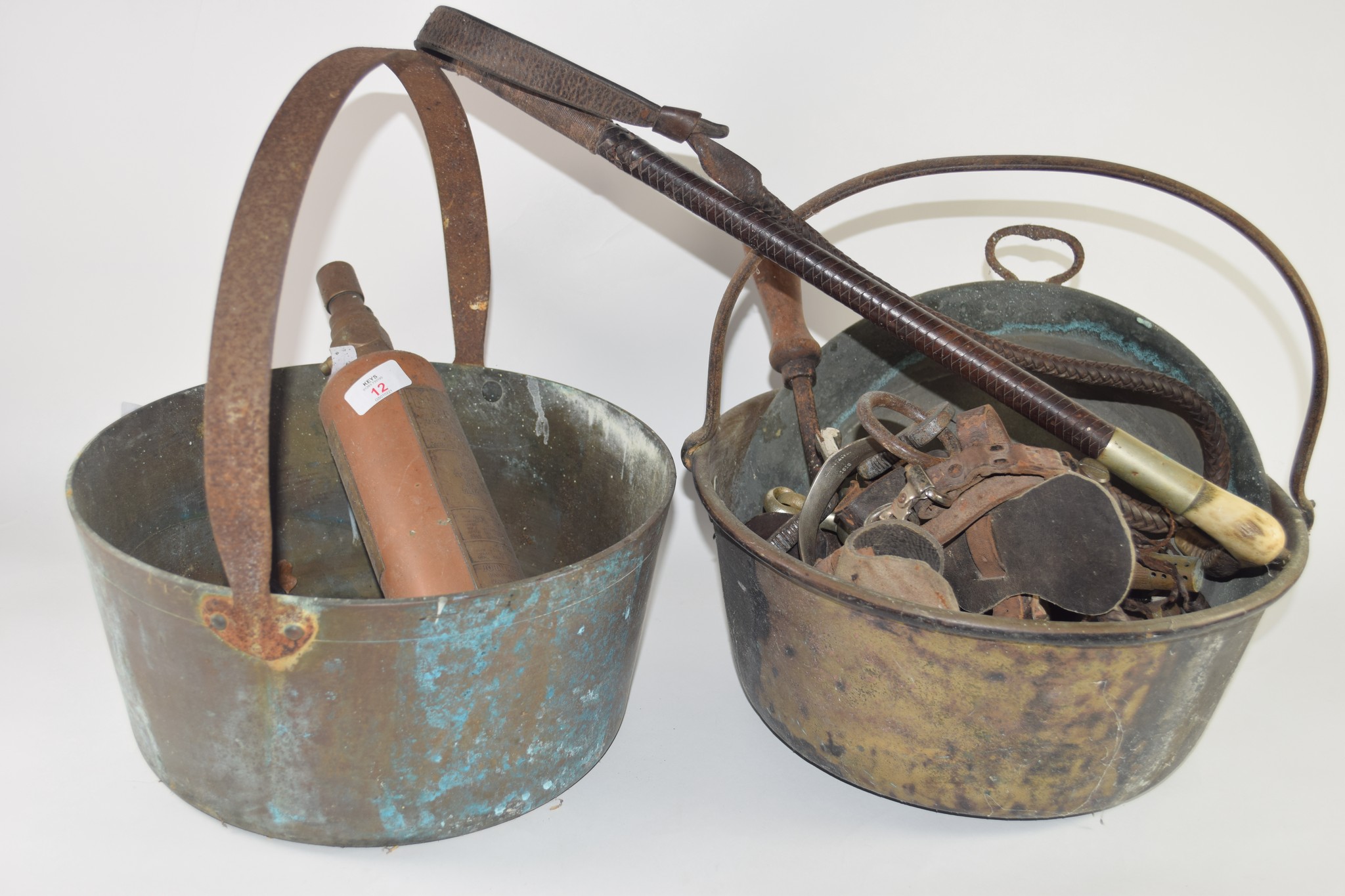 OLD BRONZED METAL BUCKET WITH RIDING CROP AND VINTAGE MORRIS FIRE EXTINGUISHER