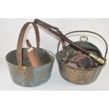 OLD BRONZED METAL BUCKET WITH RIDING CROP AND VINTAGE MORRIS FIRE EXTINGUISHER
