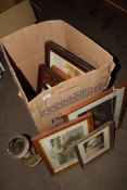 BOX CONTAINING VARIOUS PICTURES AND A BRASS OIL LAMP