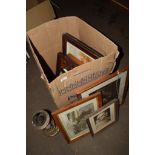 BOX CONTAINING VARIOUS PICTURES AND A BRASS OIL LAMP